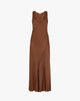 Abito Slip Dress Maxi in Satin con Scollo a V e Taglio in Sbieco – Marrone Cioccolato