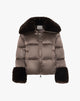 Satin Short Puffer Jacket with Dark Brown Faux Fur