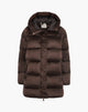 Satin Mid-Length Down Jacket with Ruffles Dark Brown