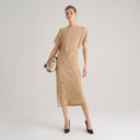 Abito Lungo Drappeggiato con Applicazioni Beige