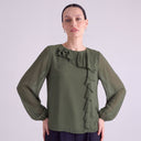 Blusa Elegante con Volant Asimmetrici Verde Militare