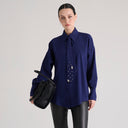Camicia Oversize con Cravatta e Strass Blu Notte