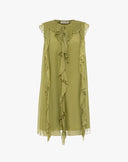 Abito Corto in Chiffon con Rouches Verticali e Volant – Verde Oliva Chiaro