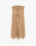Abito Corto in Chiffon con Rouches Verticali e Volant – Color Cammello Chiaro