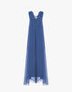 Abito Lungo in Chiffon con Scollo a V e Schiena Plissettata con Fiocco – Blu Reale