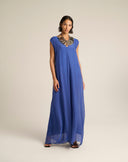 Abito Lungo in Chiffon con Scollo a V e Schiena Plissettata con Fiocco – Blu Reale