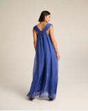Abito Lungo in Chiffon con Scollo a V e Schiena Plissettata con Fiocco – Blu Reale