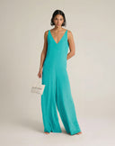 Tuta Intera Wide-Leg in Tessuto Fluido con Doppio Scollo a V – Verde Smeraldo