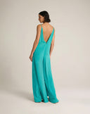 Tuta Intera Wide-Leg in Tessuto Fluido con Doppio Scollo a V – Verde Smeraldo