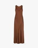 Abito Slip Dress Maxi in Satin con Scollo a V e Taglio in Sbieco – Marrone Cioccolato