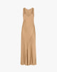 Abito Slip Dress Maxi in Satin con Scollo a V e Taglio in Sbieco – Cammello Dorato