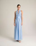 Abito Maxi Americano a Portafoglio con Nodo Sartoriale – Azzurro Cielo
