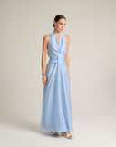 Abito Maxi Americano a Portafoglio con Nodo Sartoriale – Azzurro Cielo