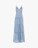 Abito Maxi a Balze in Chiffon con Scollo a V e Spalline Incrociate – Azzurro Polvere