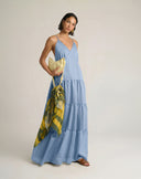 Abito Maxi a Balze in Chiffon con Scollo a V e Spalline Incrociate – Azzurro Polvere