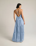 Abito Maxi a Balze in Chiffon con Scollo a V e Spalline Incrociate – Azzurro Polvere