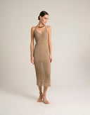 Abito Midi in Maglia Traforata Pointelle con Spalline Incrociate – Cammello