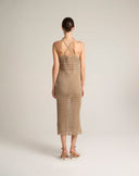 Abito Midi in Maglia Traforata Pointelle con Spalline Incrociate – Cammello