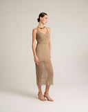 Abito Midi in Maglia Traforata Pointelle con Spalline Incrociate – Cammello