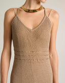 Abito Midi in Maglia Traforata Pointelle con Spalline Incrociate – Cammello