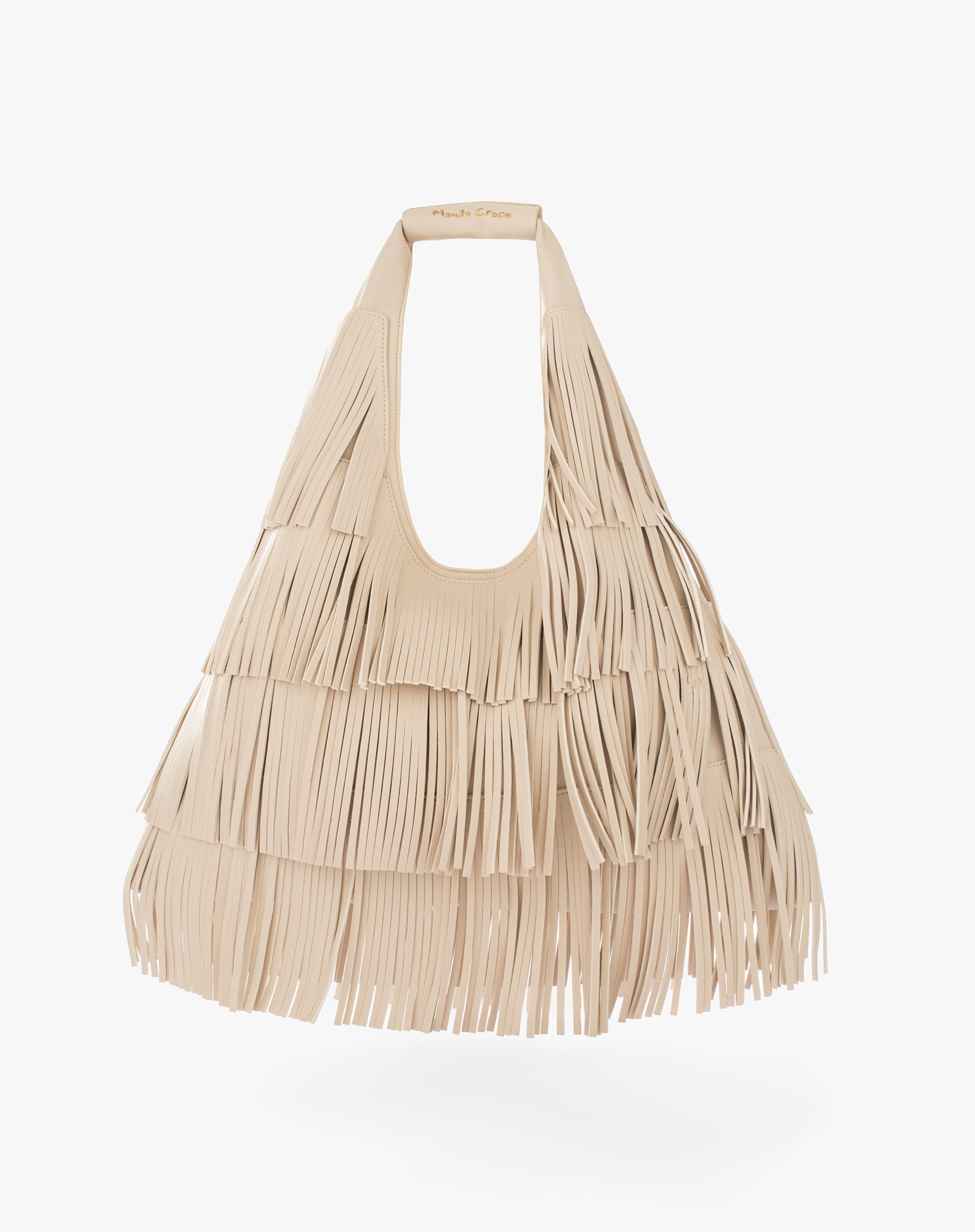Large Hobo Bag with Fringes and Gold Logo – Cream Beige – Manila Grace