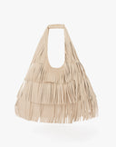 Borsa Sac Hobo Grande con Frange e Logo Dorato – Beige Crema