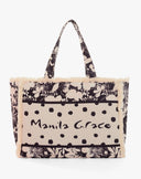 Borsa Shopping Large Mix Print Floreale e Pois con Dettagli Sfrangiati – Beige e Nero