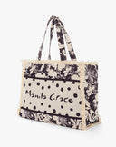Borsa Shopping Large Mix Print Floreale e Pois con Dettagli Sfrangiati – Beige e Nero