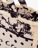 Borsa Shopping Large Mix Print Floreale e Pois con Dettagli Sfrangiati – Beige e Nero