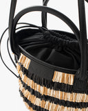 Borsa Cesta con Frange in Paglia – Righe Bicolor Nero e Naturale