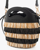 Borsa Secchiello Small con Frange in Paglia – Righe Bicolor Nero e Naturale
