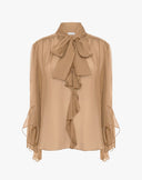 Blusa Fluida in Chiffon con Fiocco Lavallière e Maniche a Volants