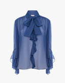 Blusa Fluida in Chiffon con Fiocco Lavallière e Maniche a Volants