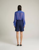 Blusa Fluida in Chiffon con Fiocco Lavallière e Maniche a Volants