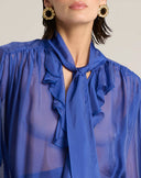 Blusa Fluida in Chiffon con Fiocco Lavallière e Maniche a Volants