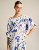 Blusa Asimmetrica Couture con Cappa e Stampa Botanica