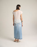 Blusa Asimmetrica in Voile Rigato con Drappeggio Couture
