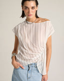 Blusa Asimmetrica in Voile Rigato con Drappeggio Couture