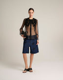 Camicia Trasparente in Organza con Applicazioni Floreali 3D