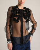 Camicia Trasparente in Organza con Applicazioni Floreali 3D