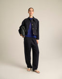 Giacca Boxy in Denim Gessato con Maxi Colletto