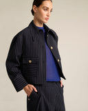 Giacca Boxy in Denim Gessato con Maxi Colletto