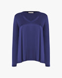 Midnight Blue Satin Blouse with V-Neck