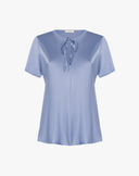 Blusa in Raso con Maniche Corte e Laccetti Azzurro