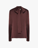 Satinbluse mit drapiertem Ausschnitt und brauner Schleife