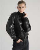 Black Faux Leather Bomber Jacket with High Collar