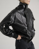 Bomber in Ecopelle Nero con Collo Alto