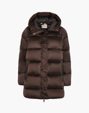 Satin Mid-Length Down Jacket with Ruffles Dark Brown
