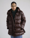 Satin Mid-Length Down Jacket with Ruffles Dark Brown