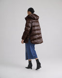 Satin Mid-Length Down Jacket with Ruffles Dark Brown